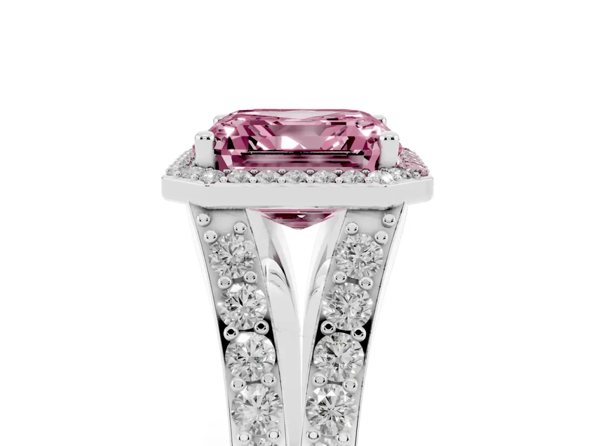 Fancy Pink Asscher Cut Diamond Split Shank Halo Ring with Four-Prong Setting Silver
