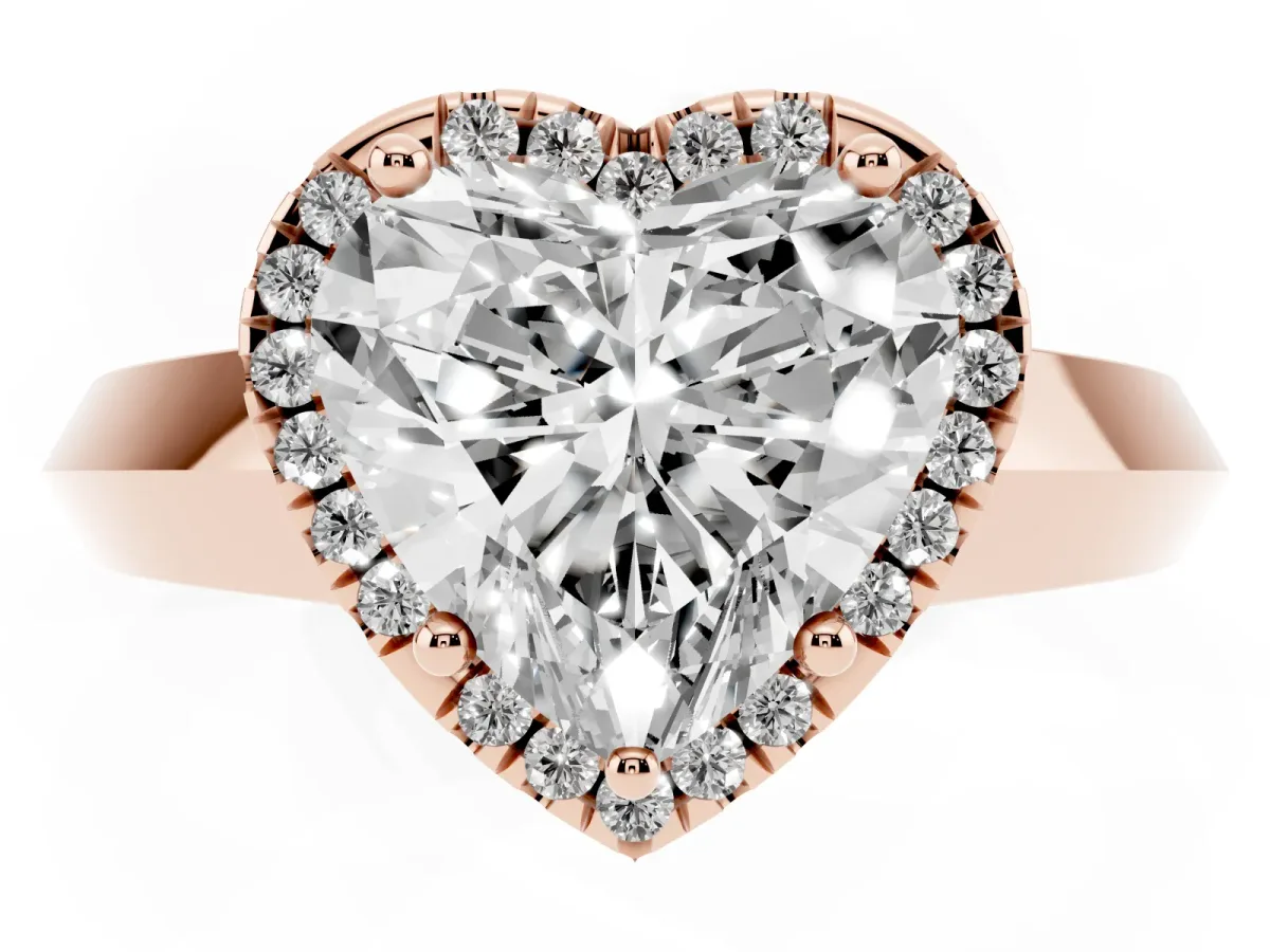 Heart Cut Halo Diamond Ring with Cathedral Band and Four-Prong Setting Rose gold