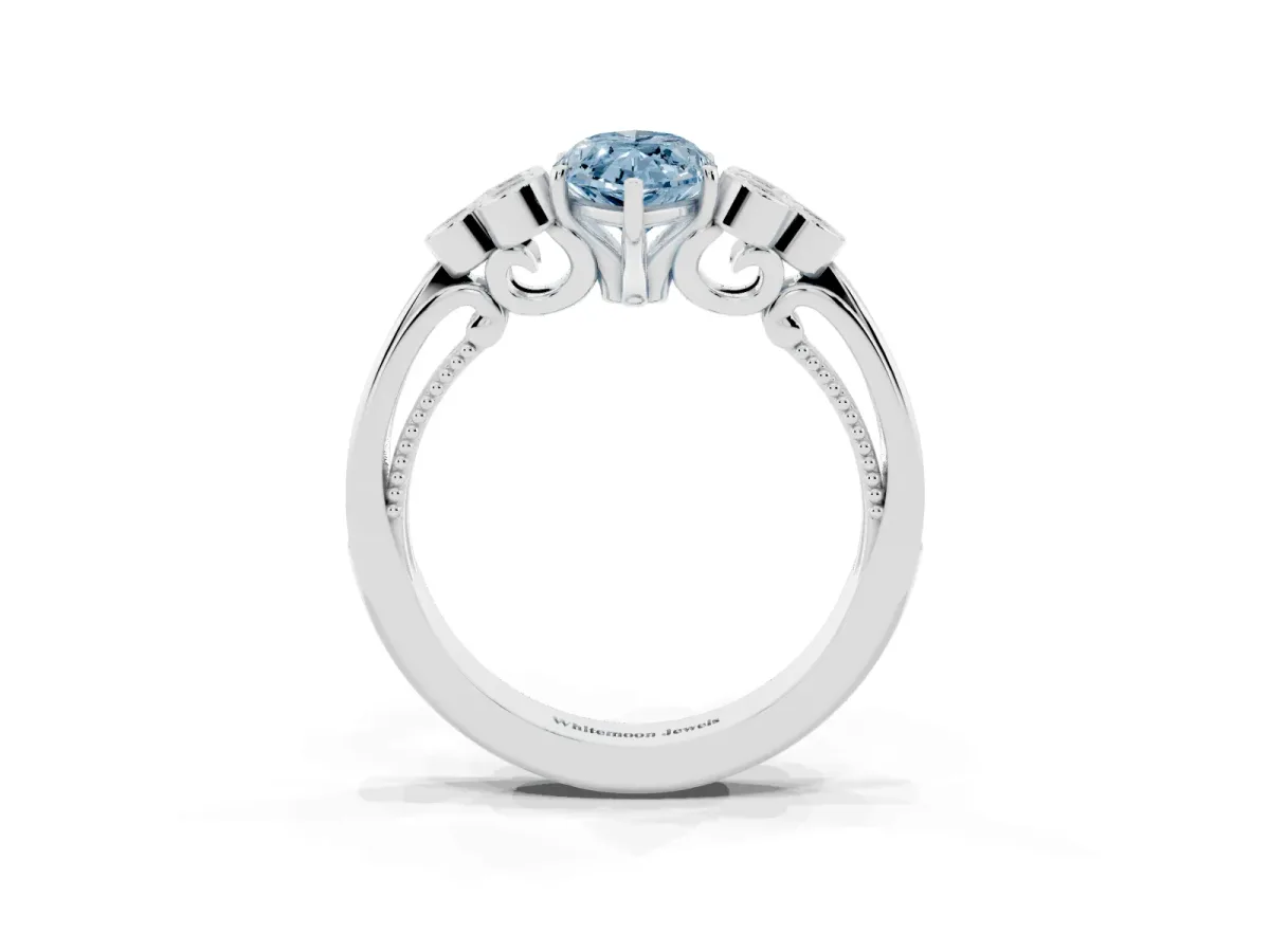 Fancy Blue Marquise Cut Cut Diamond Engagement Ring with Bezel Set Round Side Stones and Prong Setting White gold