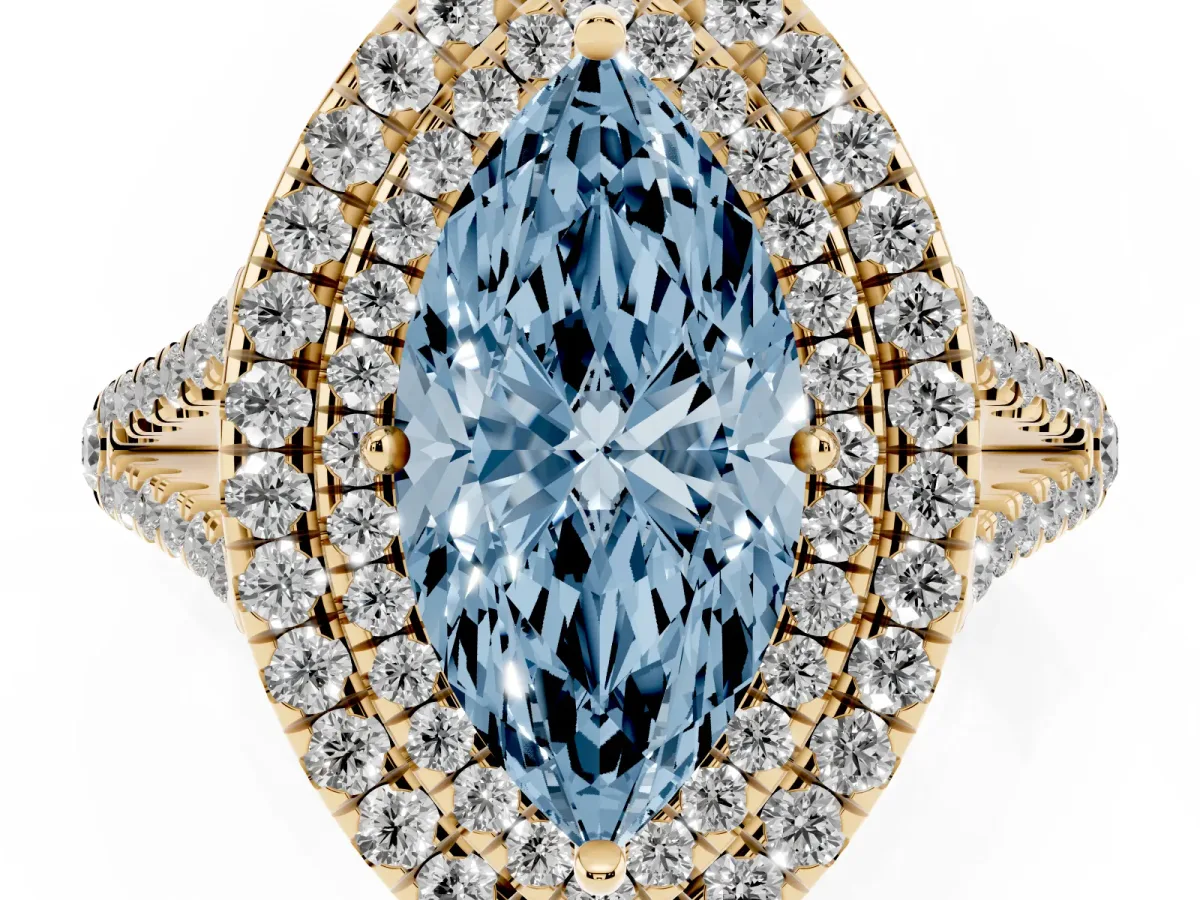 Fancy Blue Marquise Cut Diamond Double Halo Ring with Pavé Band and Prong Setting Yellow gold
