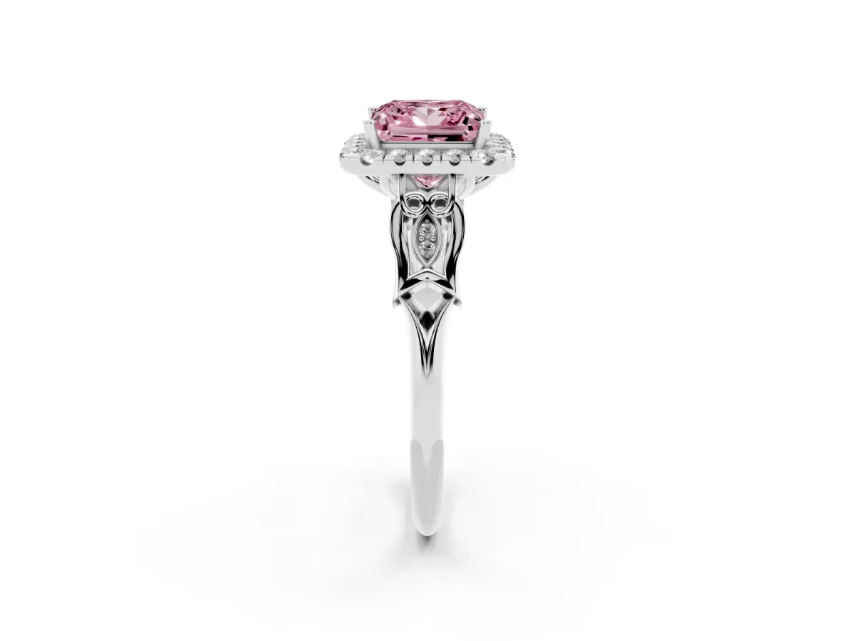 Fancy Pink Princess Cut Halo Diamond Engagement Ring with Filigree Band and Four-Prong Setting Platinum