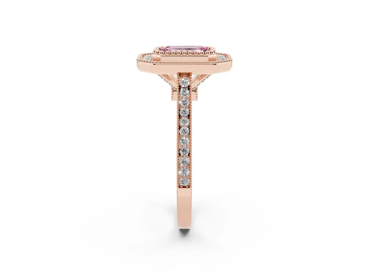 Fancy Pink Emerald Cut Diamond Halo Ring with Milgrain Frame and Pavé Band Rose gold