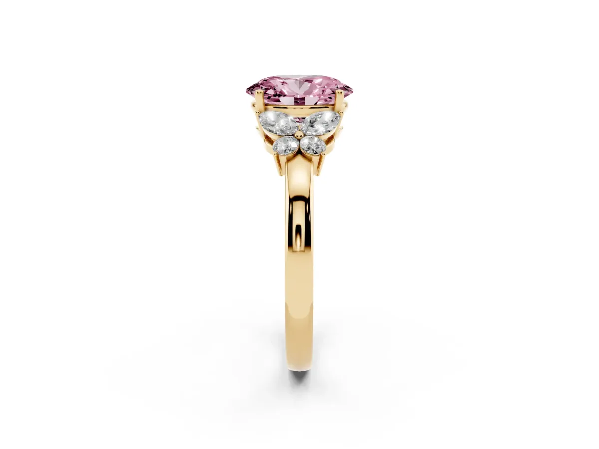 Fancy Pink Oval Cut Cut Solitaire Floral Diamond Ring with Four-Prong Setting Yellow gold