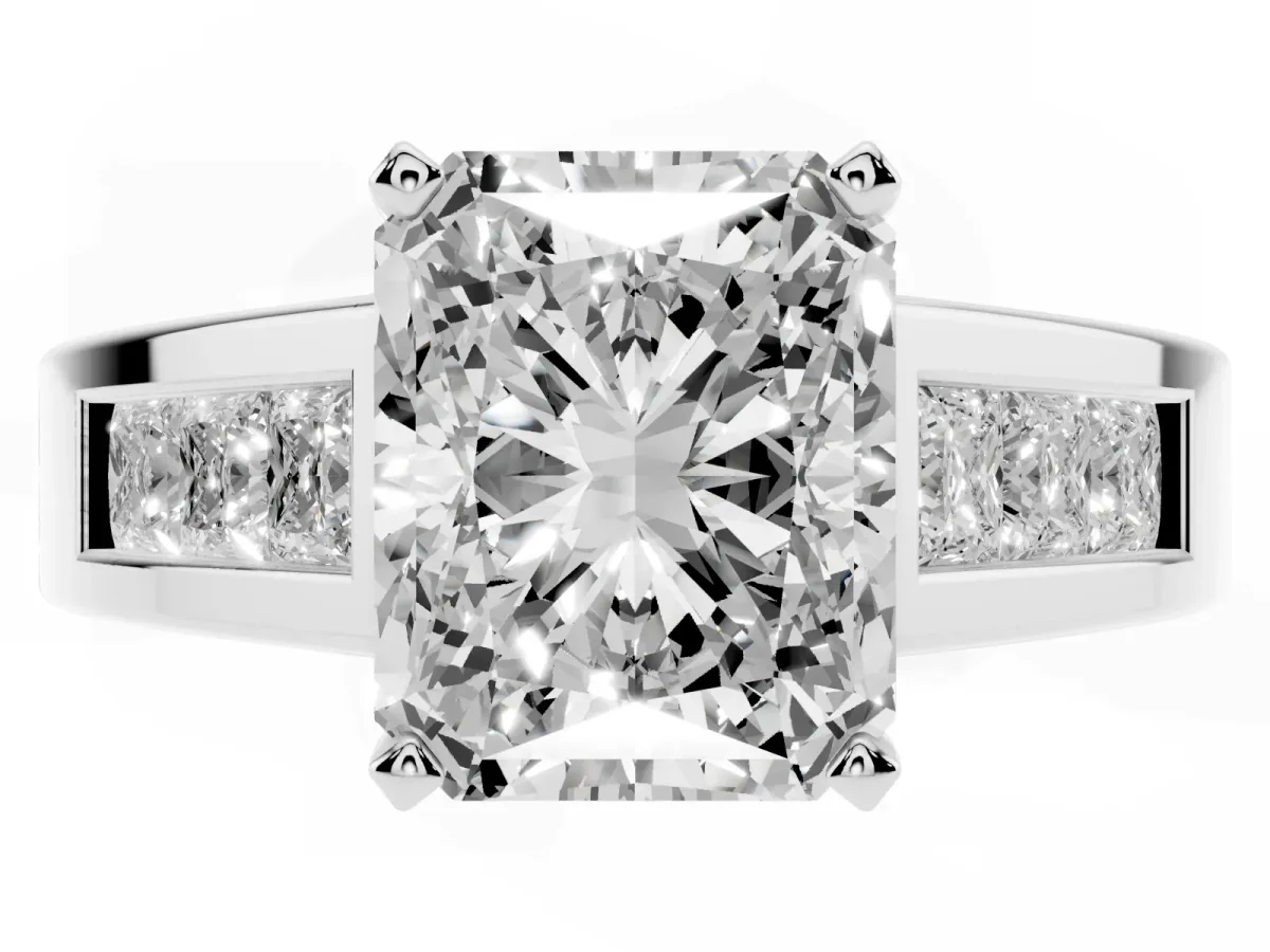 Radiant Cut Cut Channel Set Solitaire Ring with Four-Prong Setting Silver