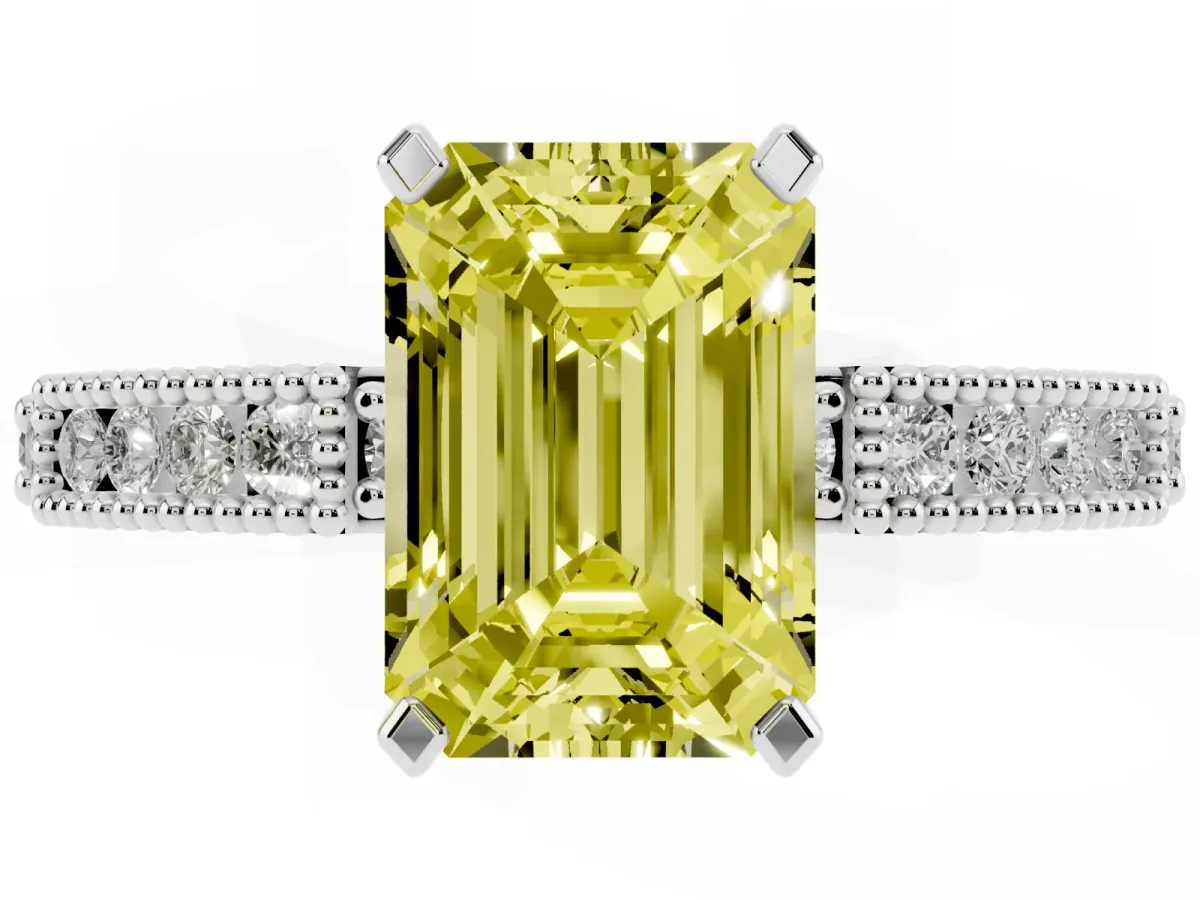 Fancy Yellow Emerald Cut Solitaire with Pavé Band and Four-Prong Setting Silver