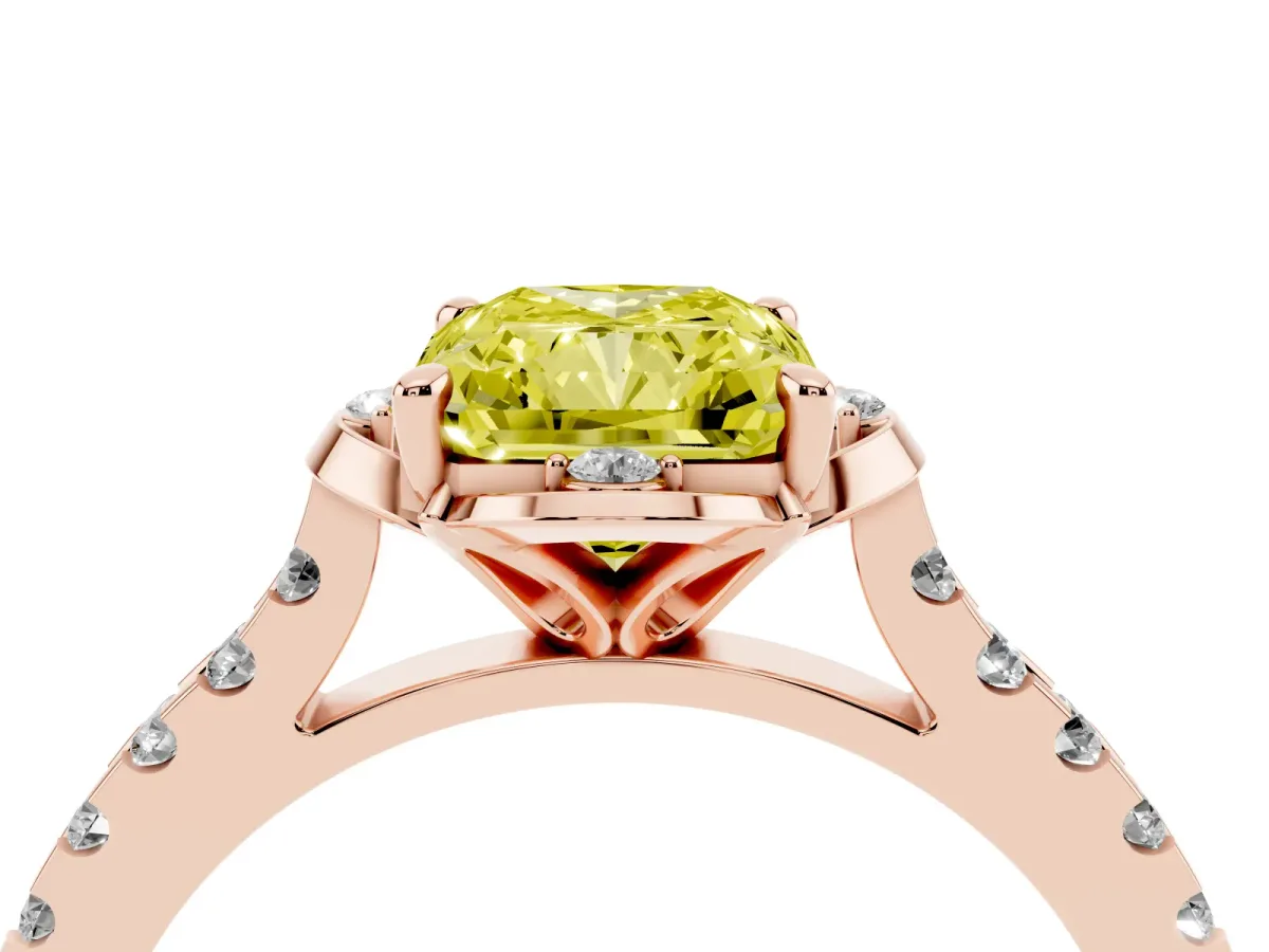 Fancy Yellow Radiant Cut Diamond Ring with Pavé Band and Floral Prong Setting Rose gold