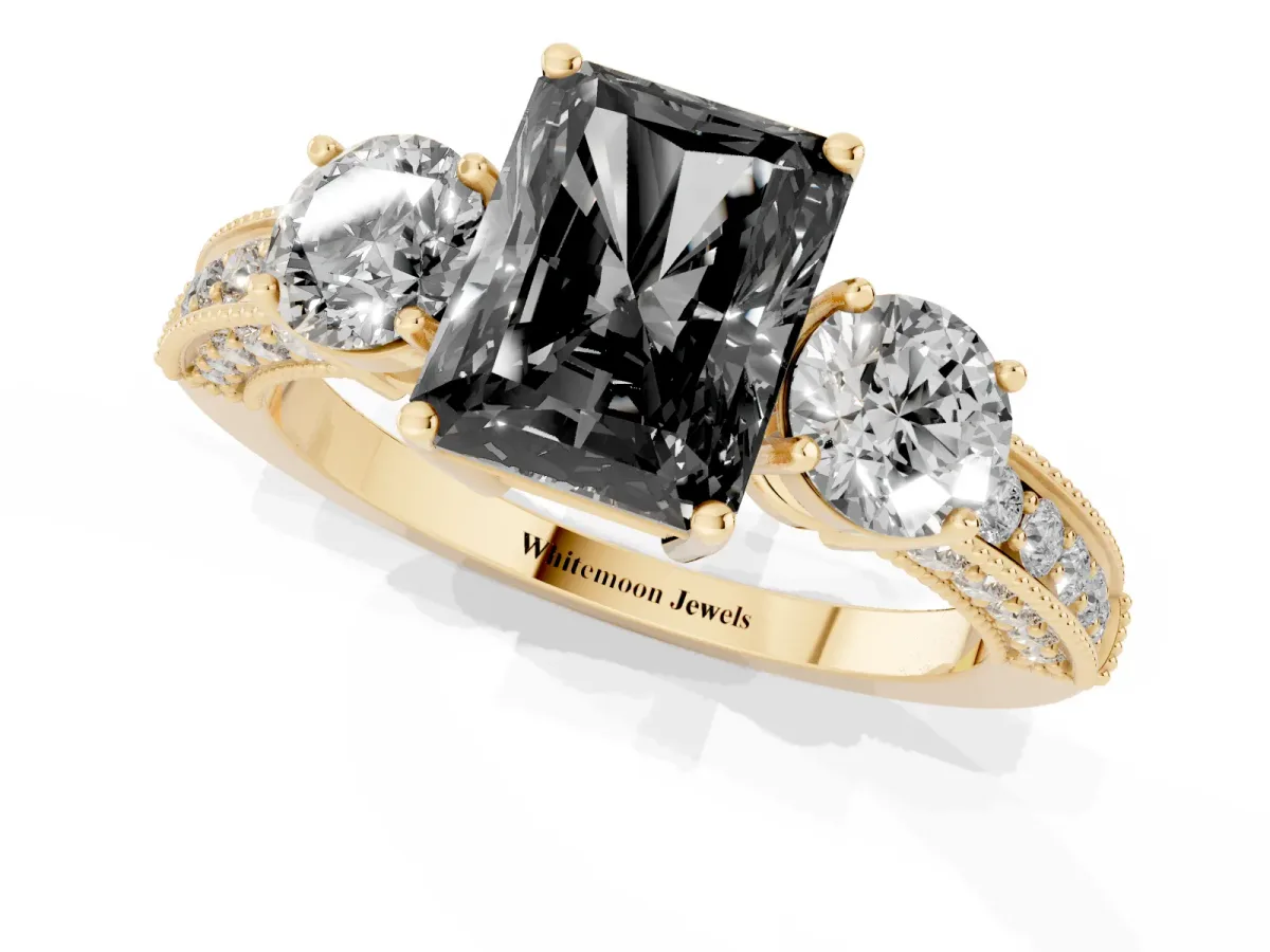 Fancy Black Radiant Cut Three-Stone Diamond Ring with Pavé Band and Four-Prong Setting Yellow gold