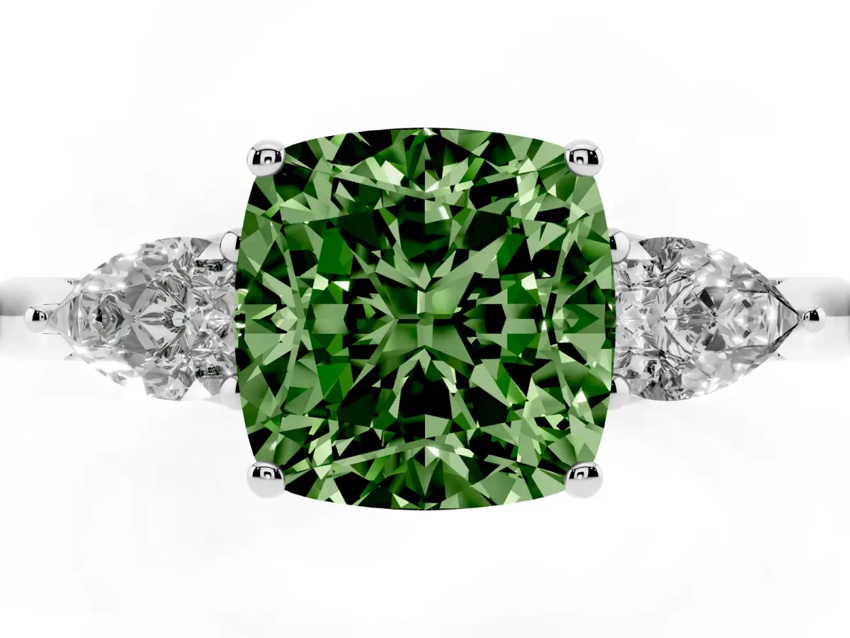 Fancy Green Three-Stone Cushion Cut Diamond Ring with Pear Side Stones in Four-Prong Setting Silver