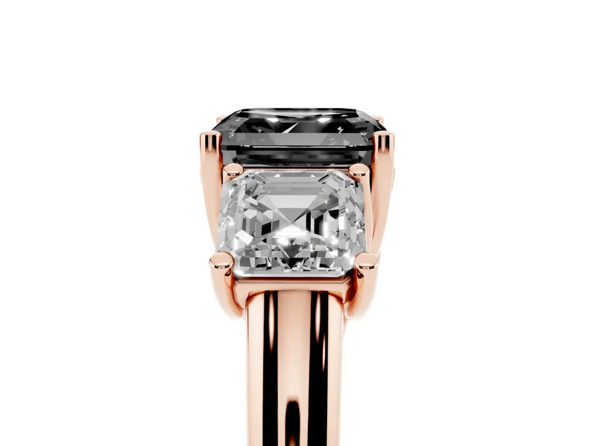 Fancy Black Three-Stone Asscher Cut Diamond Engagement Ring with Prong Setting Rose gold