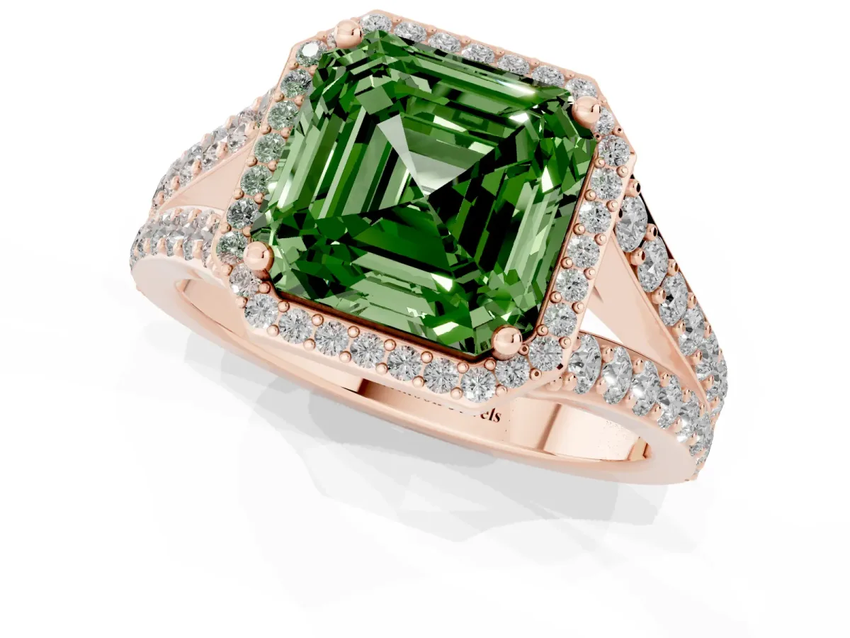 Fancy Green Asscher Cut Diamond Split Shank Halo Ring with Four-Prong Setting Rose gold