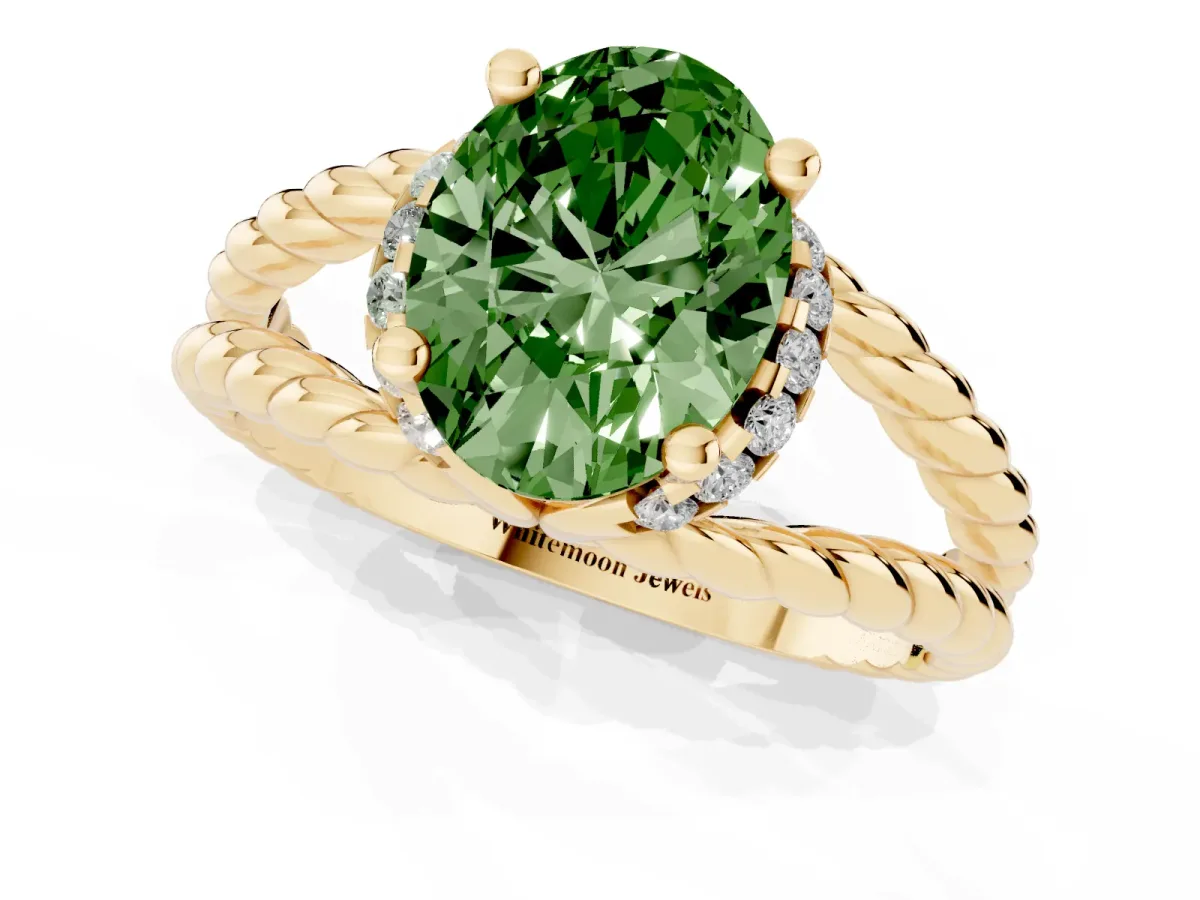 Fancy Green Oval Cut Halo Twisted Band Four-Prong Ring Yellow gold