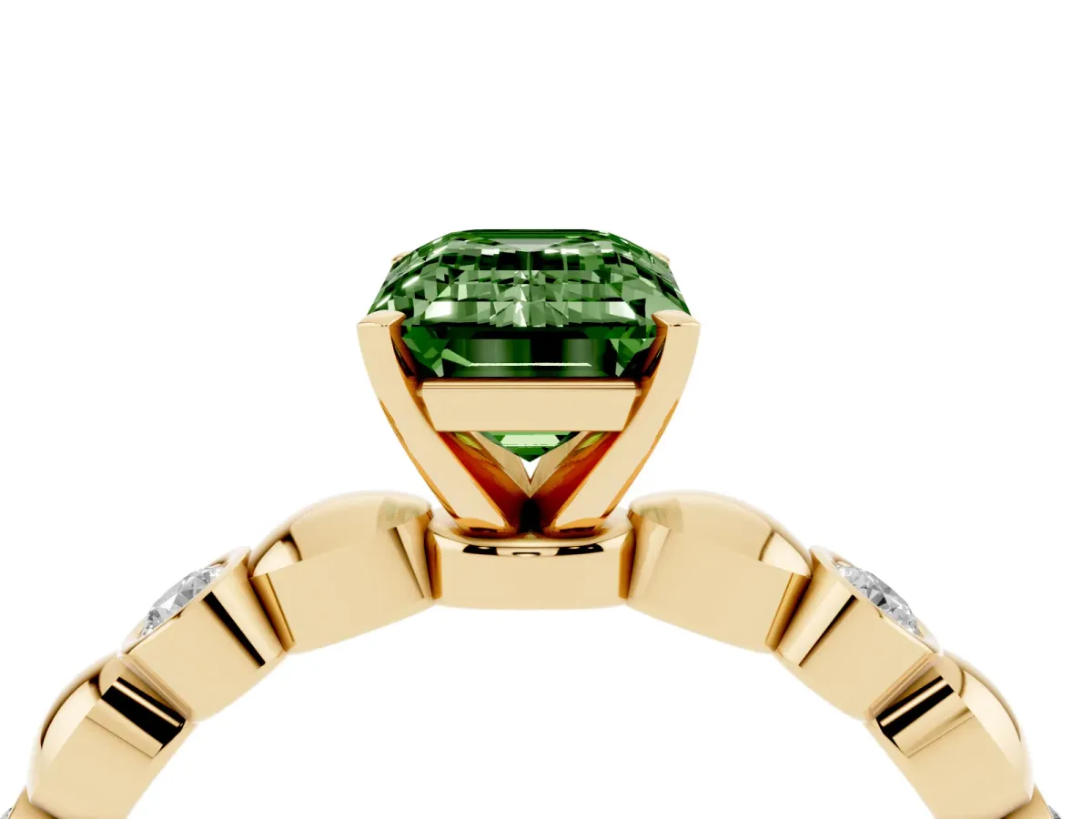 Fancy Green Emerald Cut Solitaire Bezel-Set Diamond Ring with Beaded Band and Four-Prong Setting Yellow gold