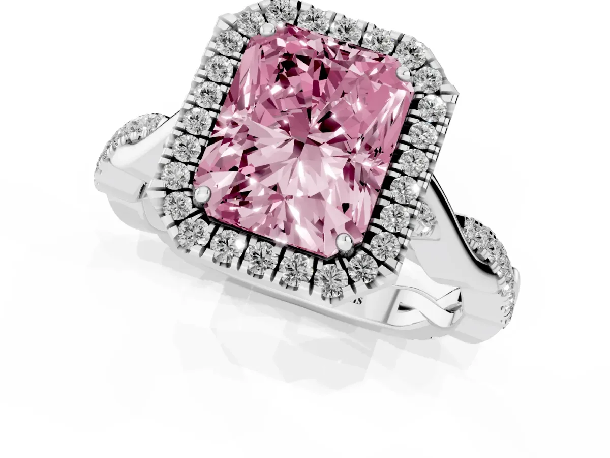 Fancy Pink Radiant Cut Halo Twist Band Solitaire Ring Silver