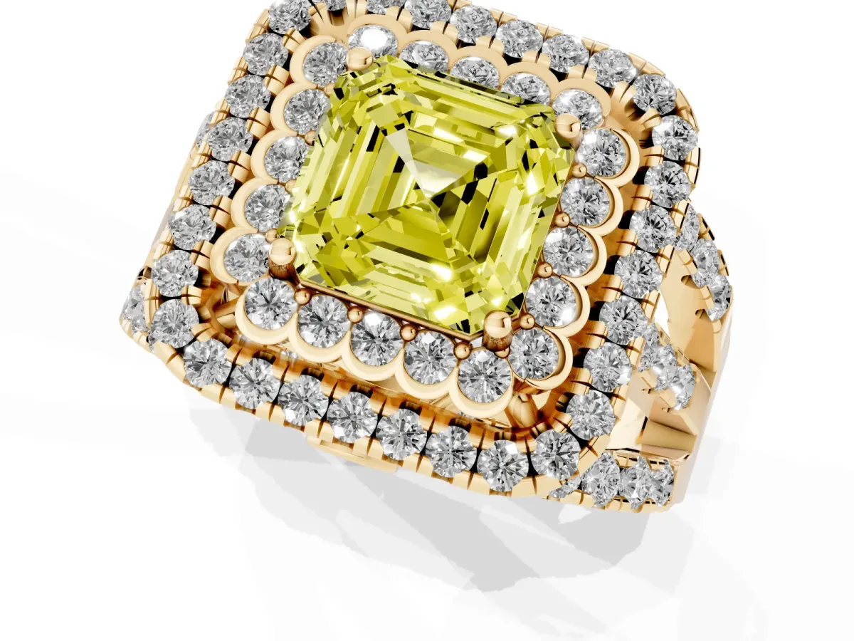 Fancy Yellow Asscher Cut Diamond Double Halo Ring with Round Pavé Split Shank and Prong Setting Yellow gold