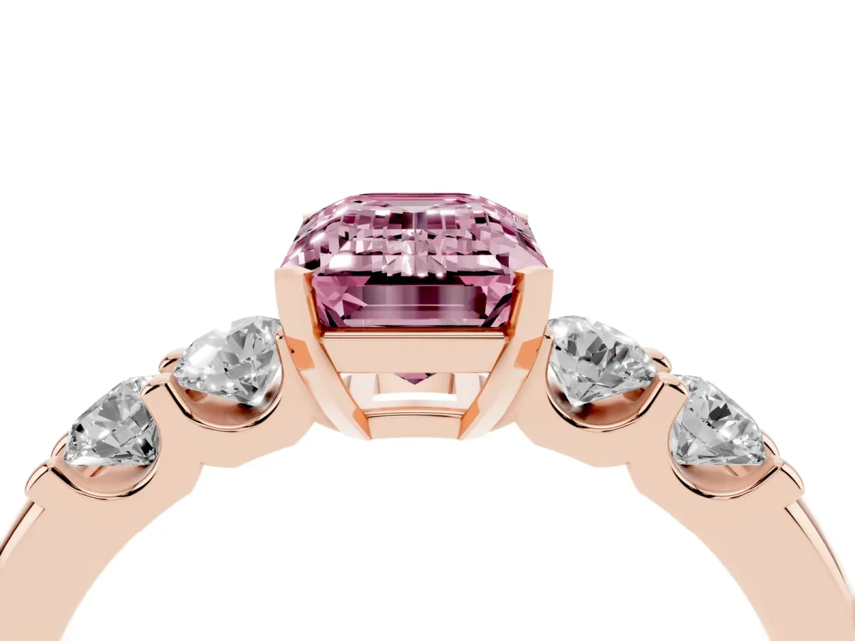 Fancy Pink Emerald Cut Brilliant Cut Diamond Five-Stone Prong Set Engagement Ring with Channel Band Rose gold