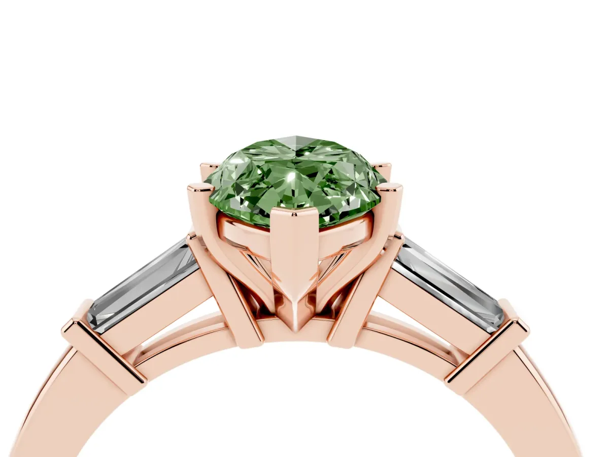 Fancy Green Marquise Cut Cut Diamond Solitaire Ring with Tapered Baguette Accents and Four-Prong Setting Rose gold
