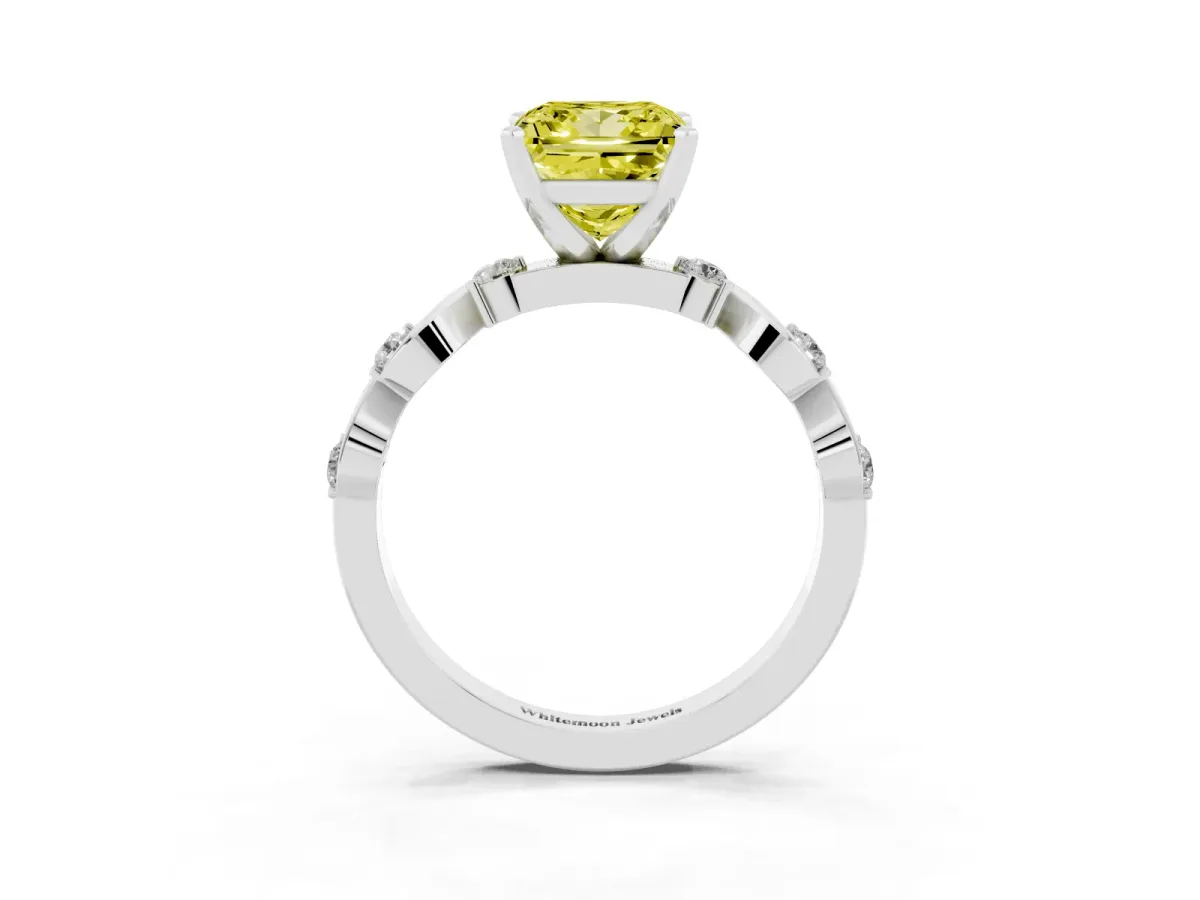 Fancy Yellow Princess Cut Diamond Solitaire Twisted Band with Round Accents and Prong Setting Silver