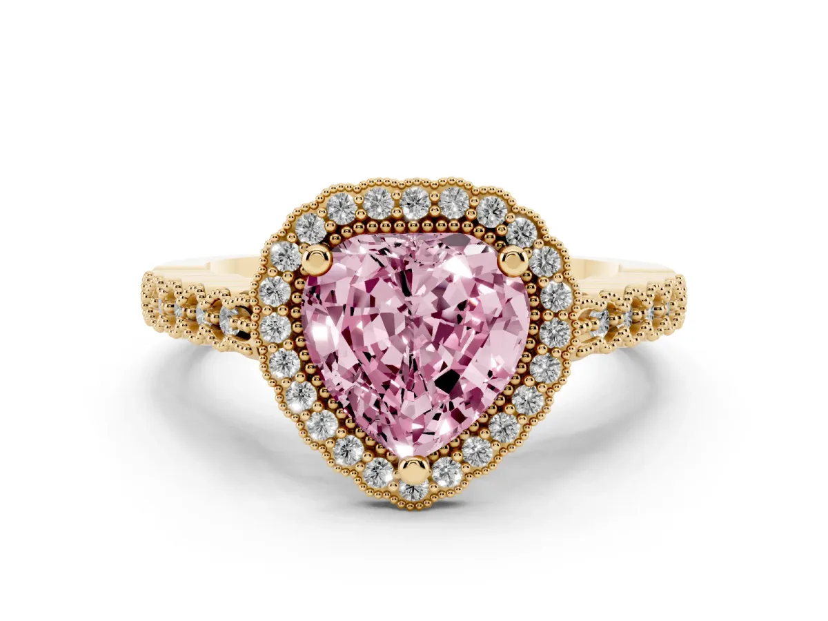 Fancy Pink Heart Cut Cut Halo Pavé Solitaire Ring with Milgrain Band Yellow gold
