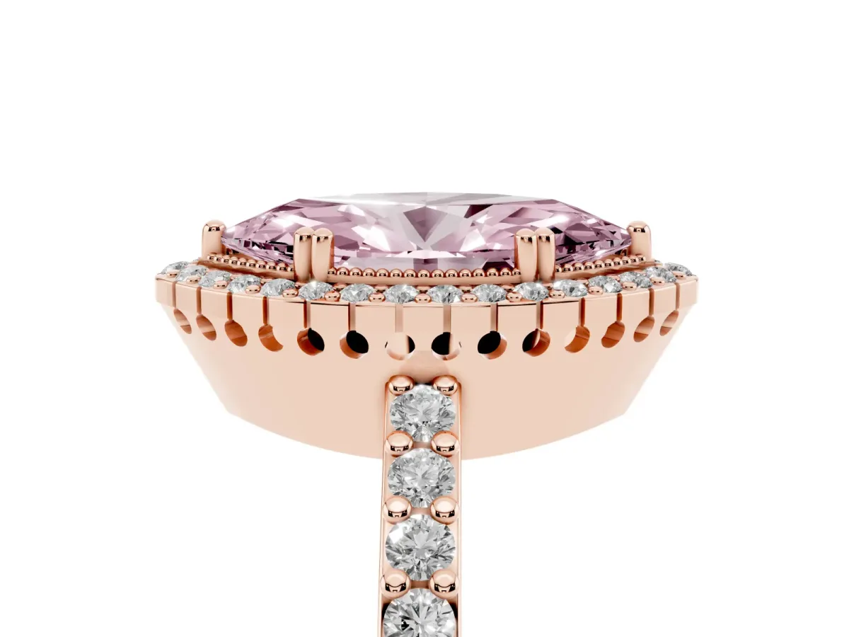 Fancy Pink Marquise Cut Cut Diamond Halo Engagement Ring with Milgrain Detail and Pavé Band Rose gold