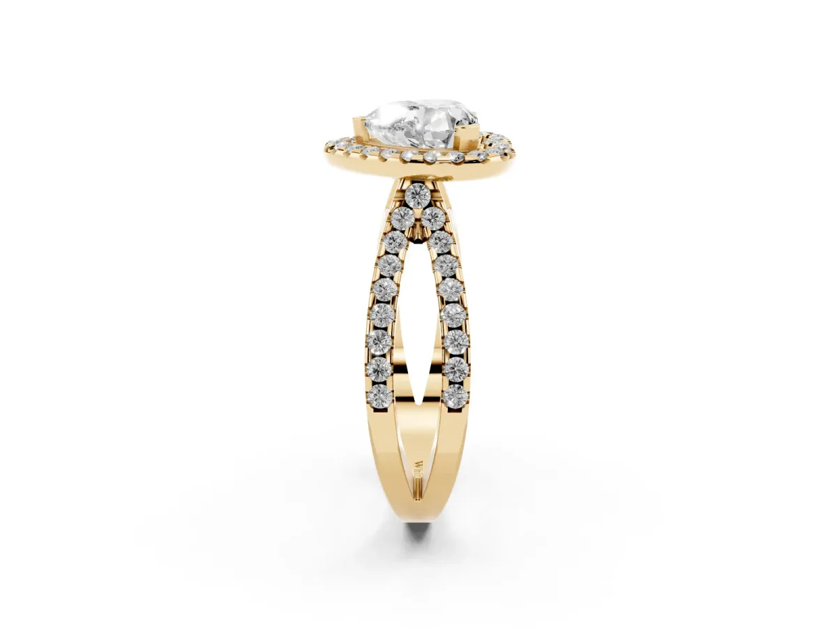 Heart Cut Diamond Halo Ring with Split Shank Pavé Band and Prong Setting Yellow gold