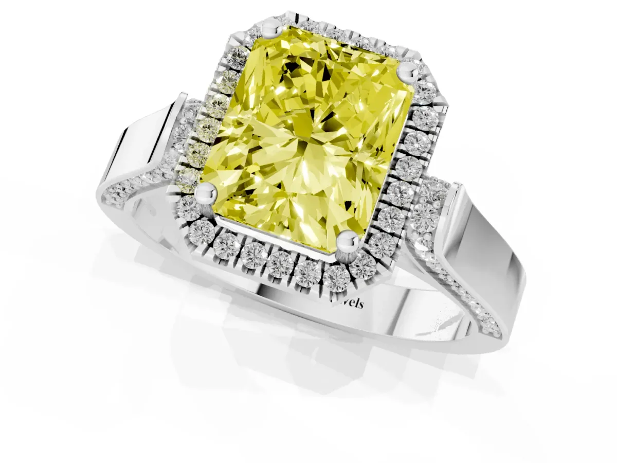 Fancy Yellow Radiant Cut Halo Round Diamond Twist Band with Four-Prong Setting White gold