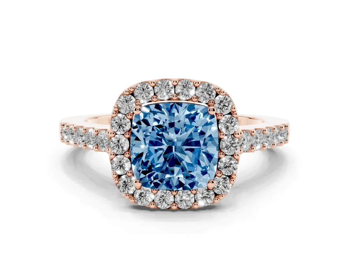 Fancy Blue Cushion Cut Halo Diamond Pavé Solitaire Ring Rose gold