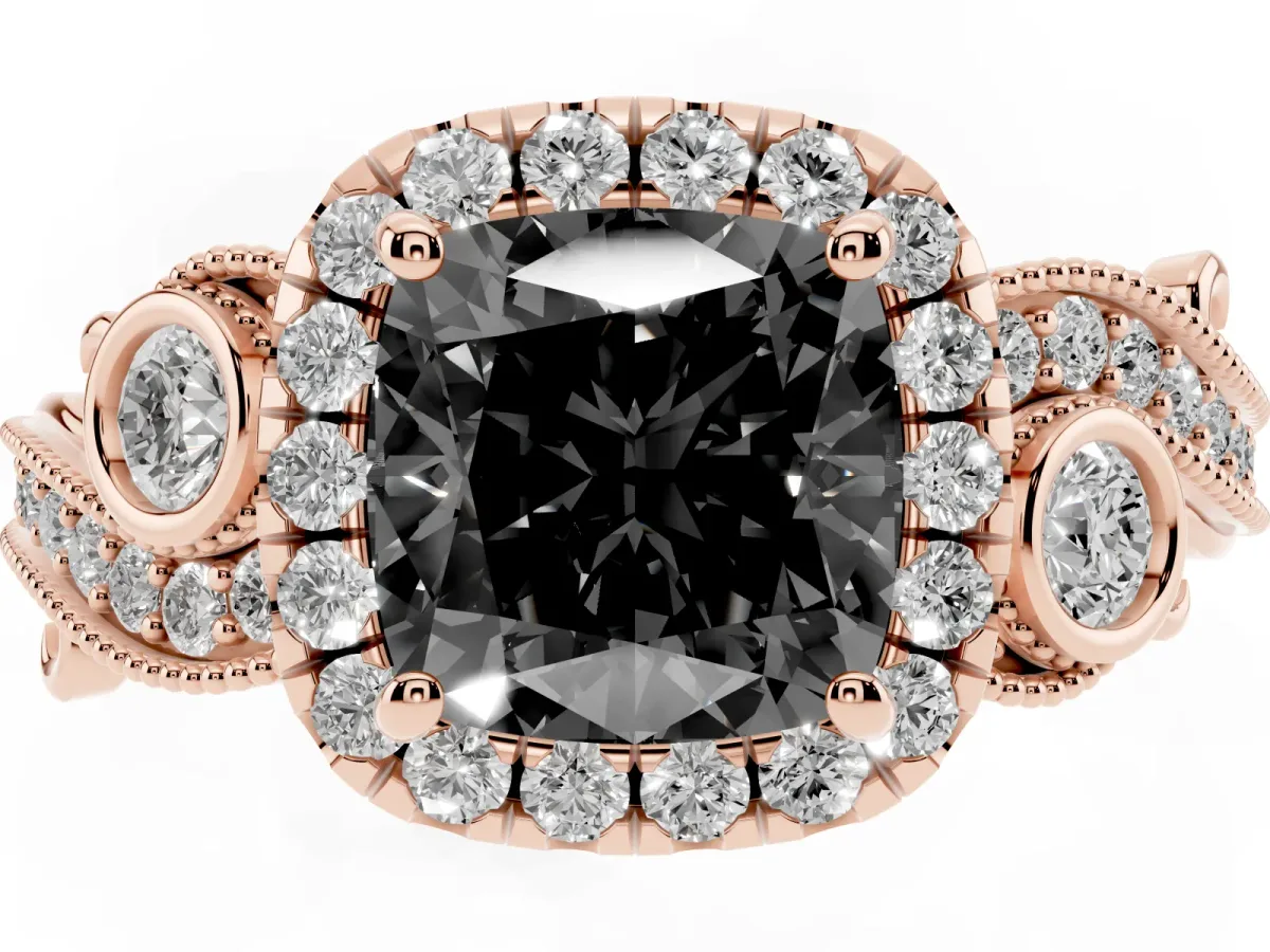 Fancy Black Cushion Cut Halo Diamond Ring with Milgrain and Bezel Accents on a Split Shank Band Rose gold