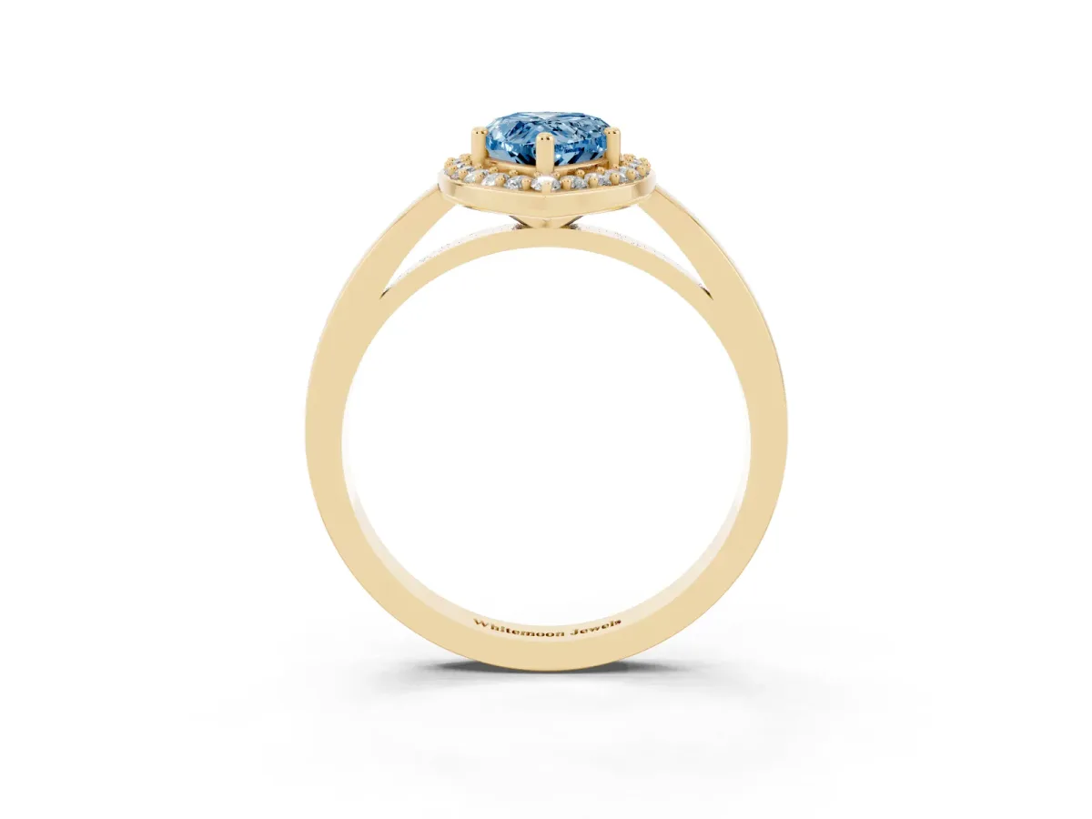 Fancy Blue Pear Cut Halo Diamond Ring with Solitaire Band and Prong Setting Yellow gold