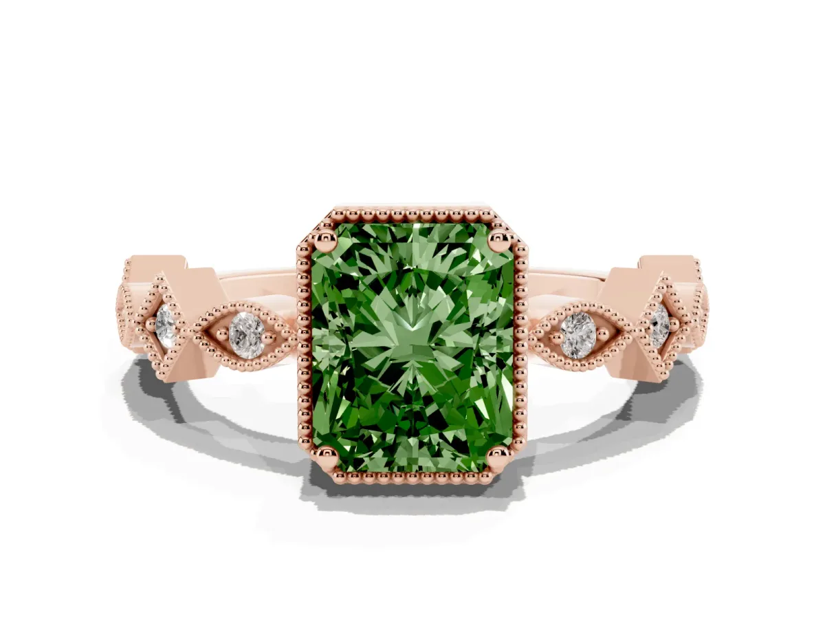 Fancy Green Radiant Cut Milgrain Marquise Diamond Twist Band Ring Rose gold