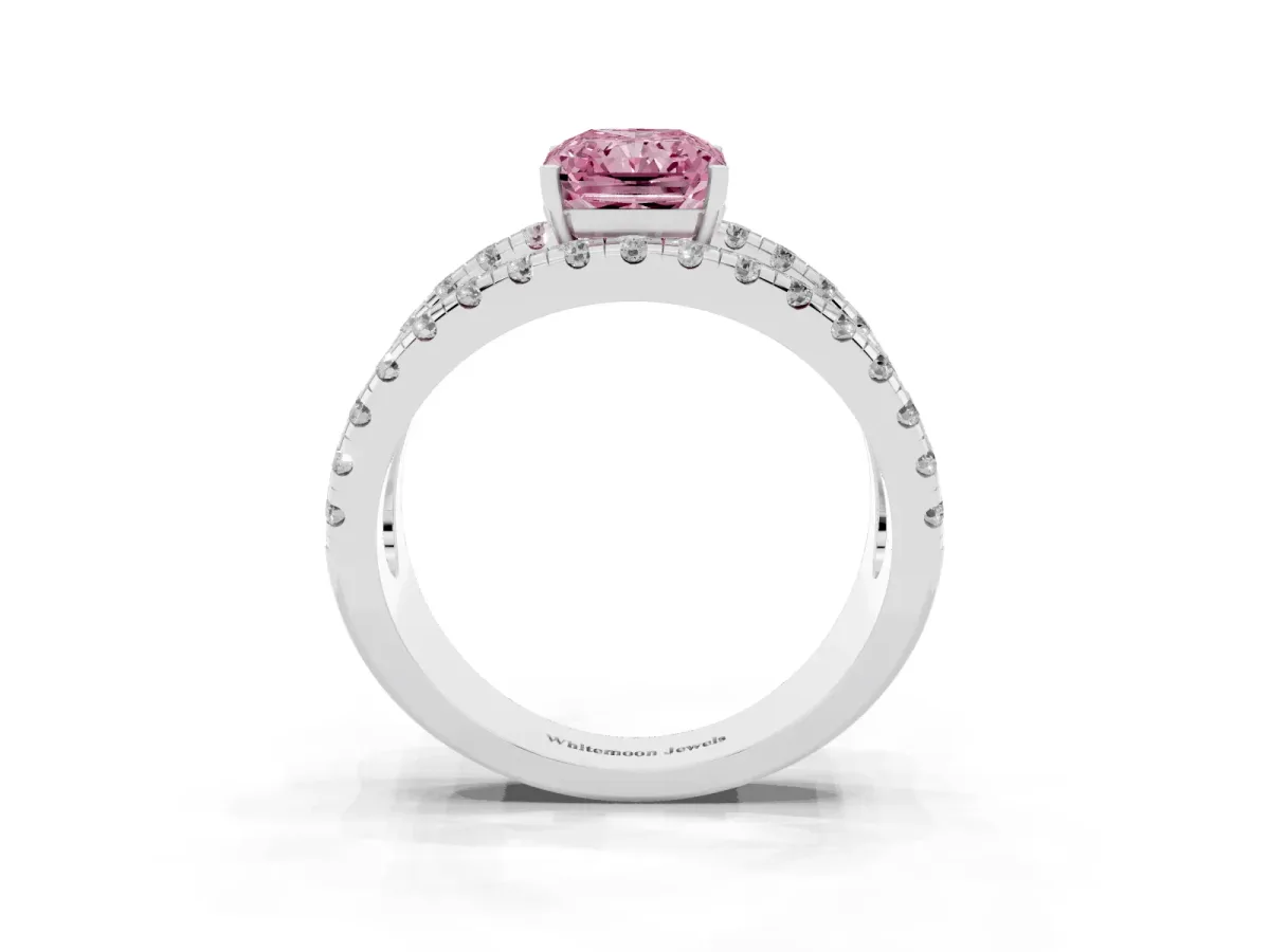Fancy Pink Radiant Cut Solitaire Split Shank Pave Diamond Ring Silver
