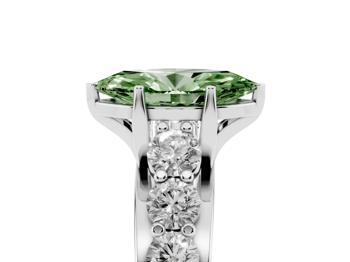 Fancy Green Marquise Cut Diamond Engagement Ring with Pavé Band and Four-Prong Setting Silver