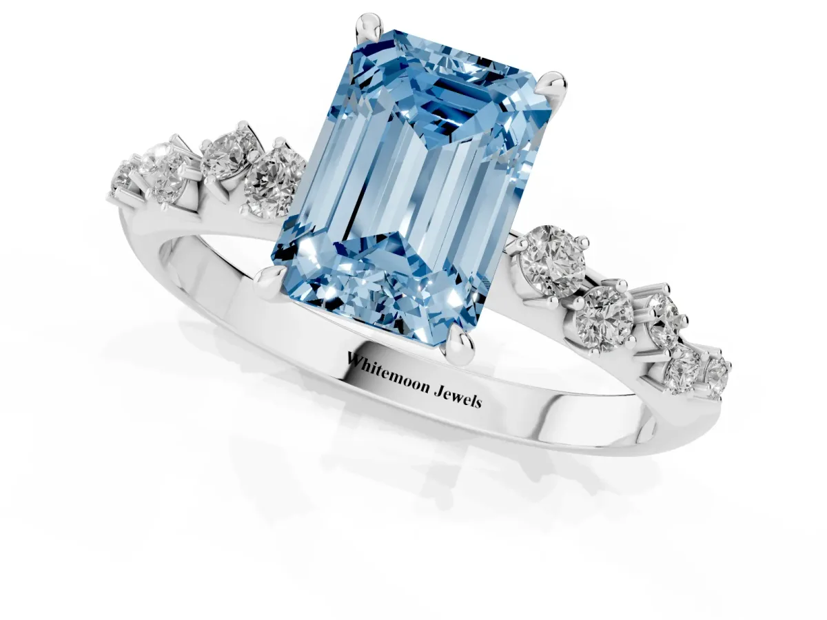 Fancy Blue Emerald Cut Diamond Cluster Side Stone Solitaire Ring with Prong Setting Platinum