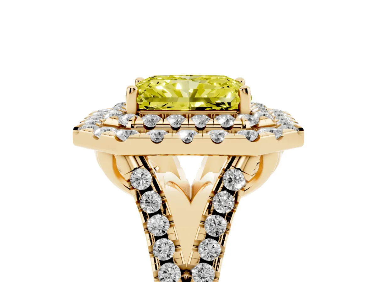 Fancy Yellow Double Halo Radiant Cut Diamond Pavé Split Shank Ring with Prong Setting Yellow gold