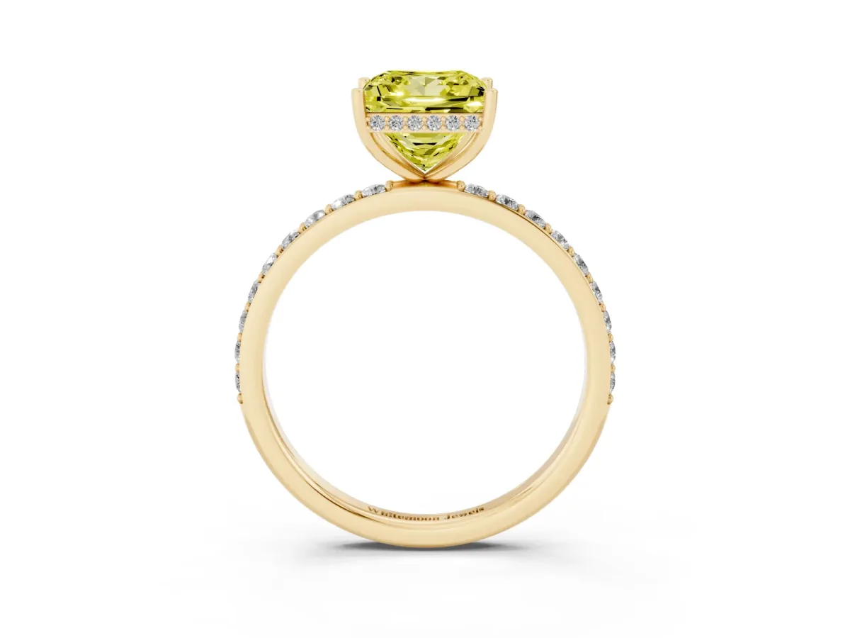 Fancy Yellow Princess Cut Diamond Solitaire Ring with Pavé Band and Hidden Halo Yellow gold
