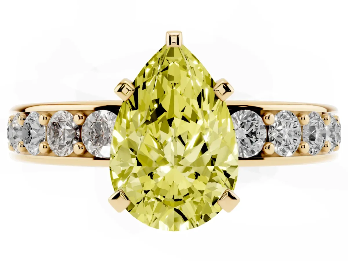 Fancy Yellow Pear Cut Diamond Engagement Ring with Channel Set Round Band and Prong Setting Yellow gold
