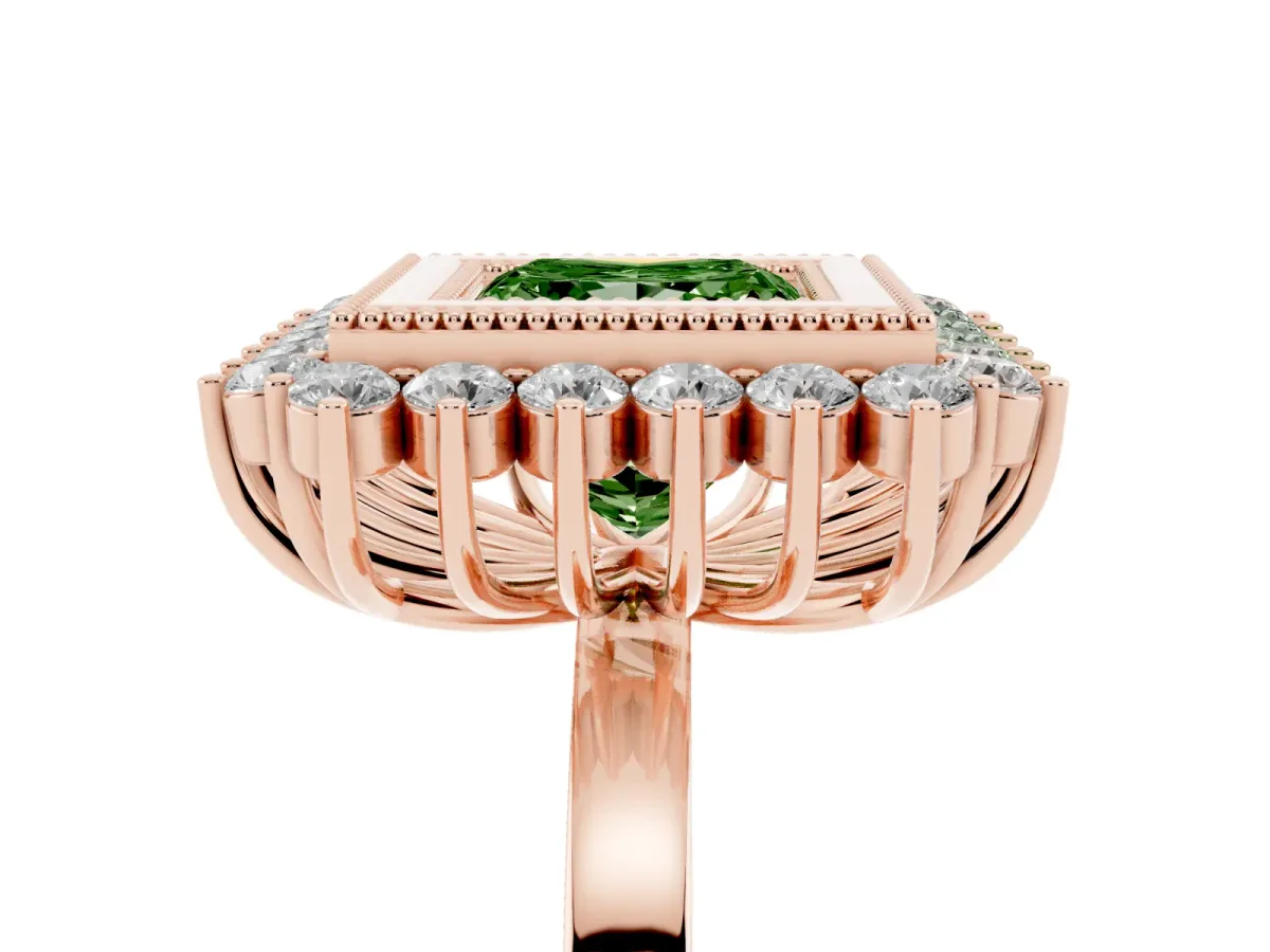 Fancy Green Princess Cut Halo Diamond Ring with Milgrain Edge and Round Prong Setting Rose gold