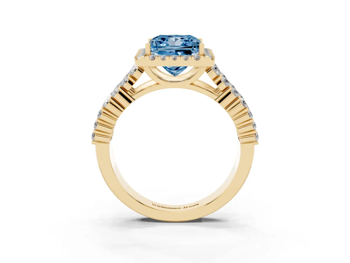 Fancy Blue Princess Cut Diamond Halo Engagement Ring with Triple Row Round Pavé Band and Prong Setting Yellow gold