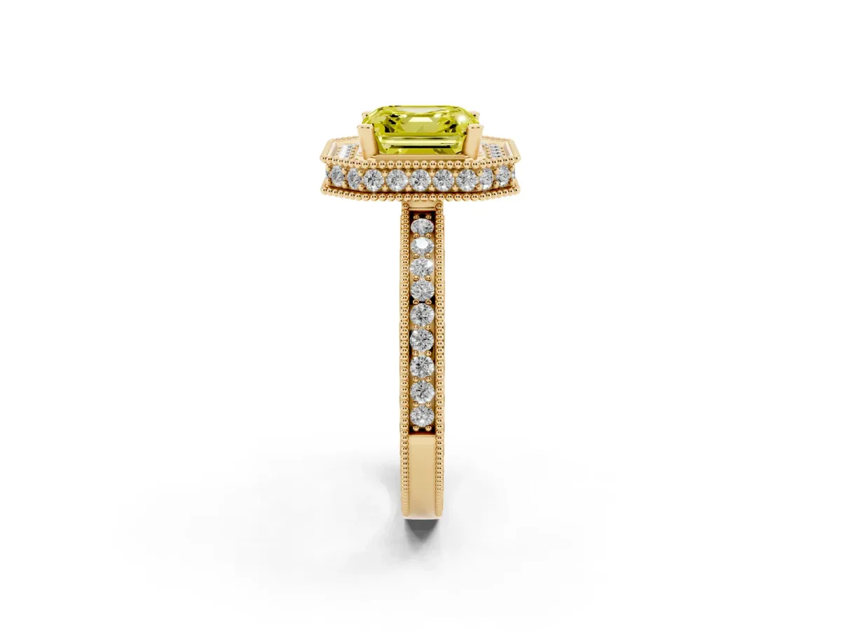 Fancy Yellow Asscher Cut Diamond Milgrain Halo Engagement Ring with Round Pavé Band and Prong Setting Yellow gold