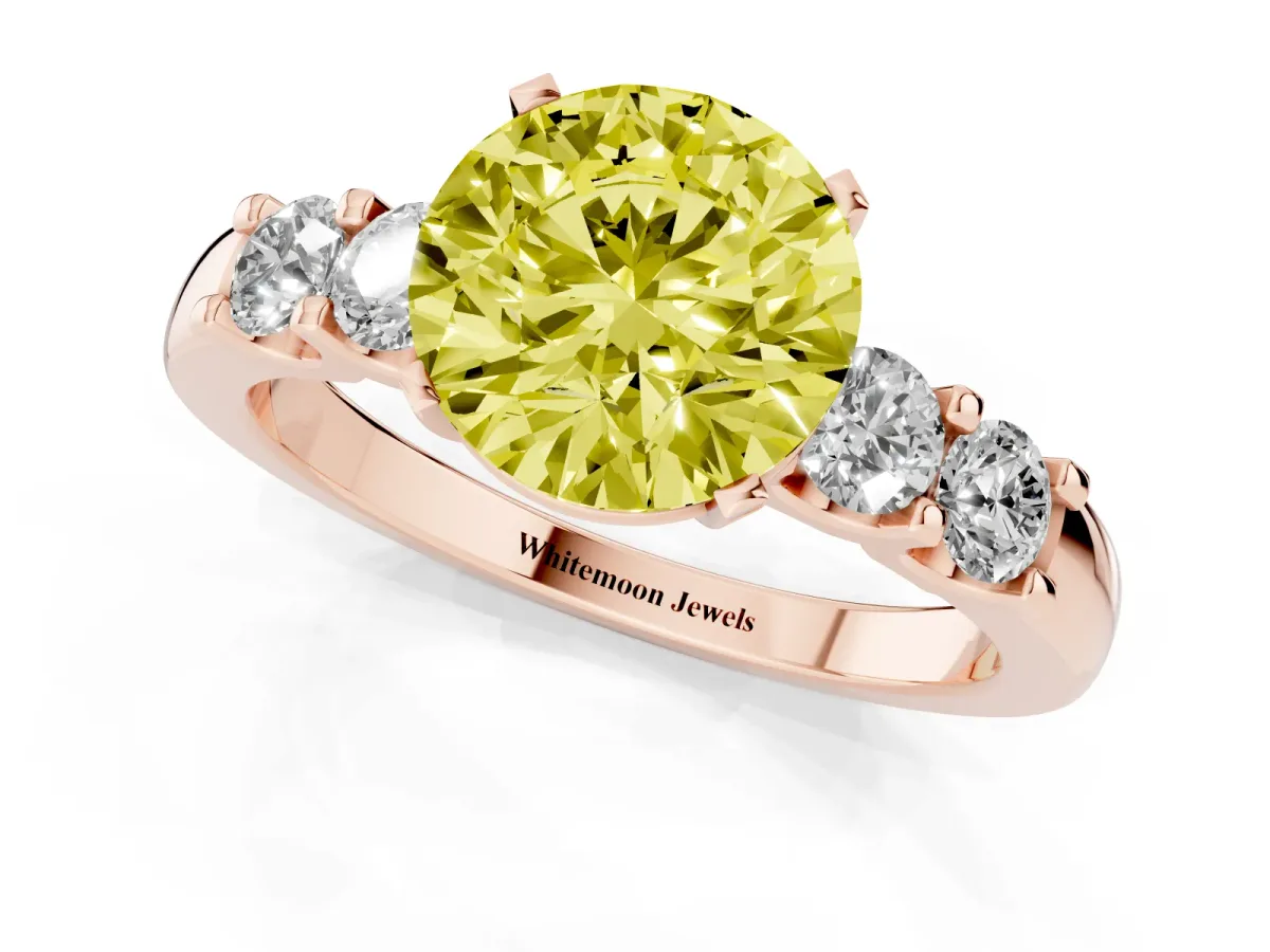 Fancy Yellow Round Cut Brilliant Cut Diamond Five-Stone Prong Set Engagement Ring with Channel Band Rose gold