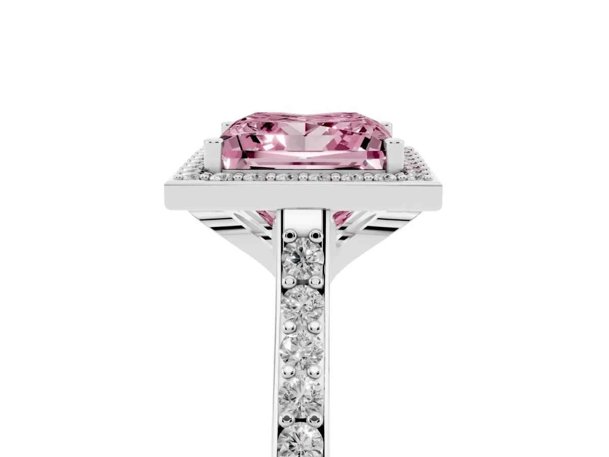Fancy Pink Princess Cut Diamond Halo Engagement Ring with Round Pavé Shoulders and Prong Setting Silver