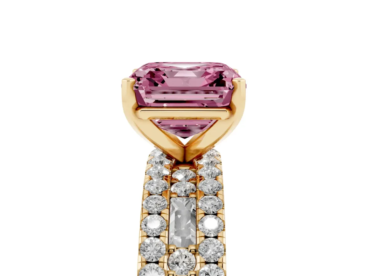 Fancy Pink Asscher Cut Diamond Solitaire Ring with Pavé and Channel Set Band Yellow gold