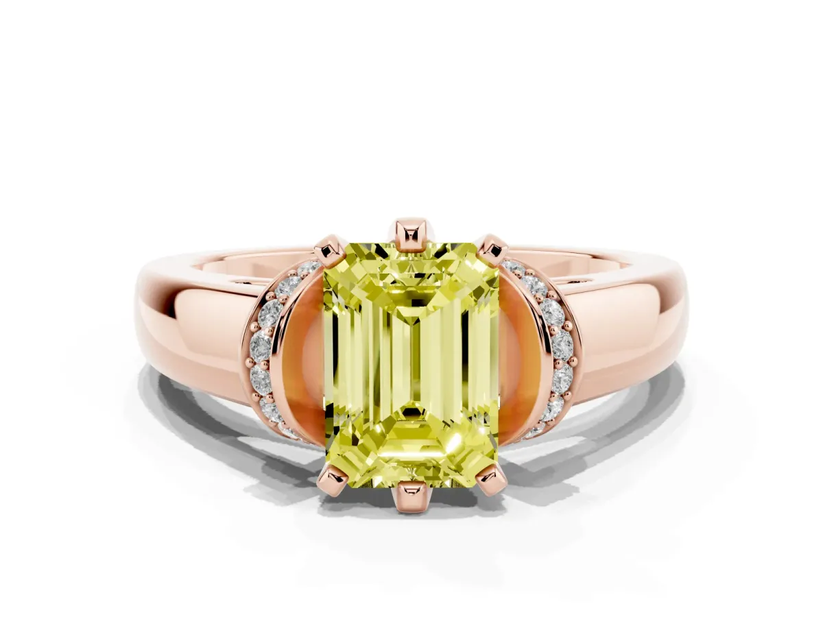 Fancy Yellow Emerald Cut Solitaire Diamond Ring with Pave Band and Six-Prong Setting Rose gold