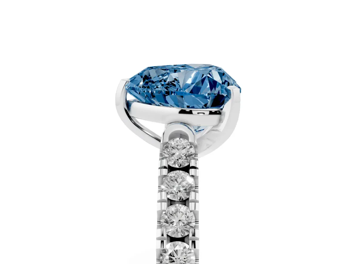 Fancy Blue Heart Cut Diamond Pavé Band Solitaire Ring with Prong Setting Silver