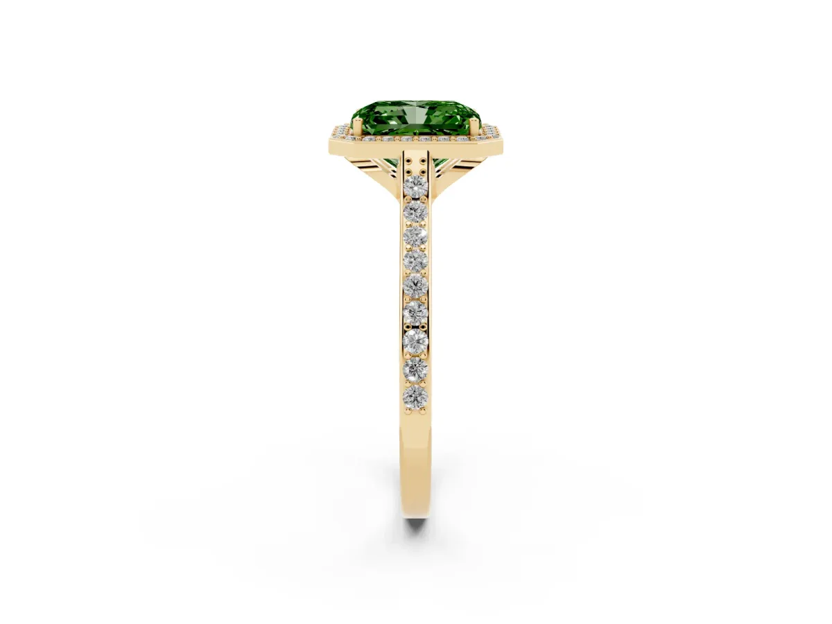 Fancy Green Radiant Cut Diamond Halo Engagement Ring with Round Pavé Shoulders and Prong Setting Yellow gold