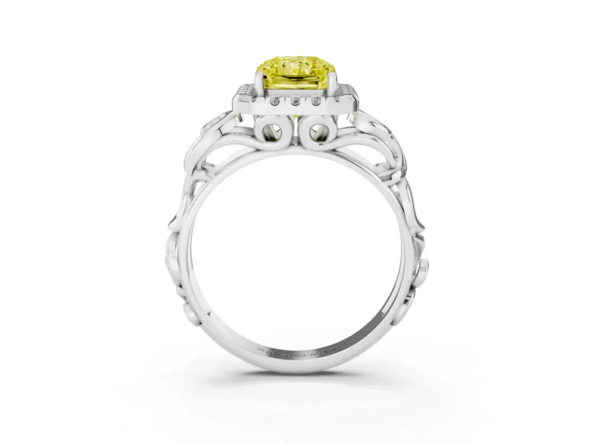 Fancy Yellow Radiant Cut Cut Halo Diamond Ring with Scrollwork Band and Four-Prong Setting Silver