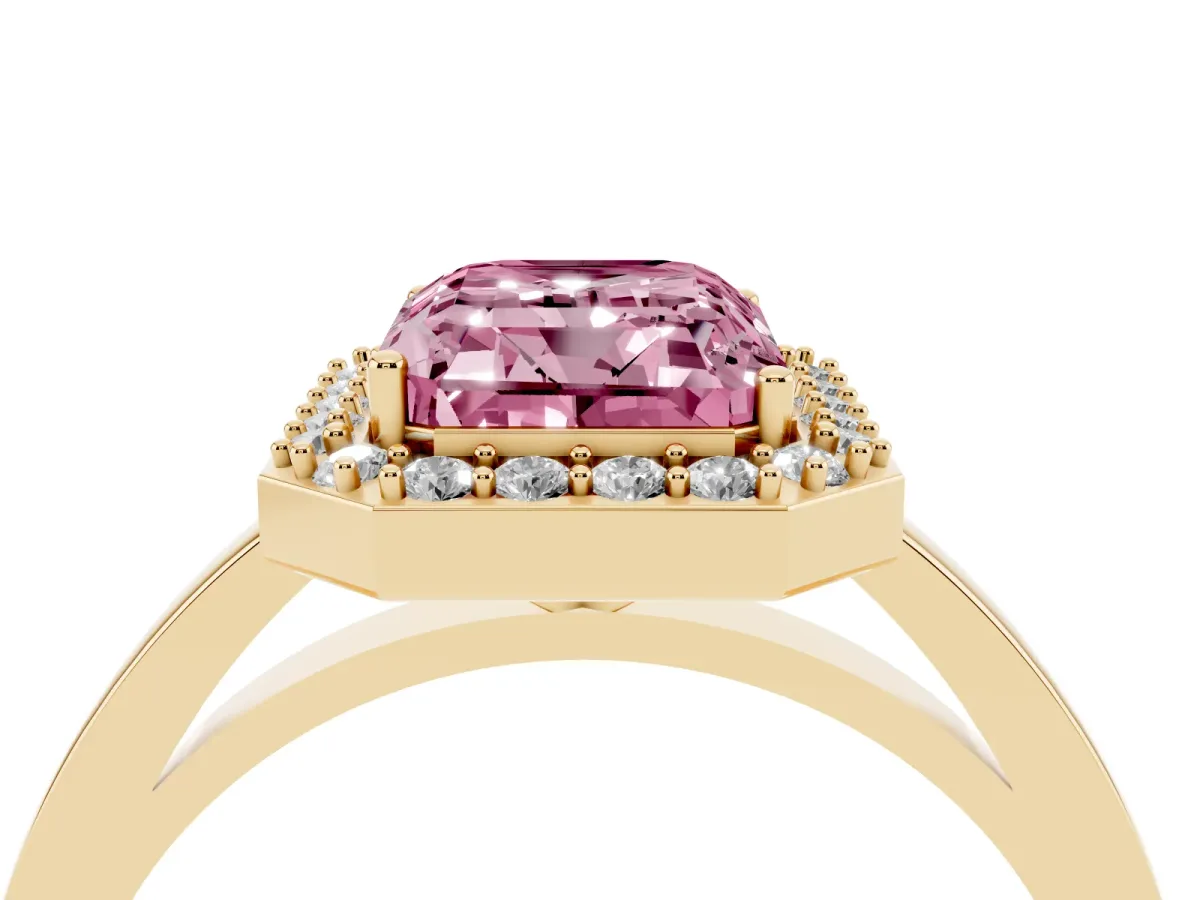 Fancy Pink Radiant Cut Halo Diamond Ring with Solitaire Band and Prong Setting Yellow gold