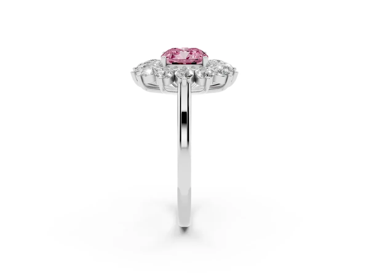 Fancy Pink Cushion Cut Diamond Floral Double Halo Engagement Ring with Prong Setting Silver