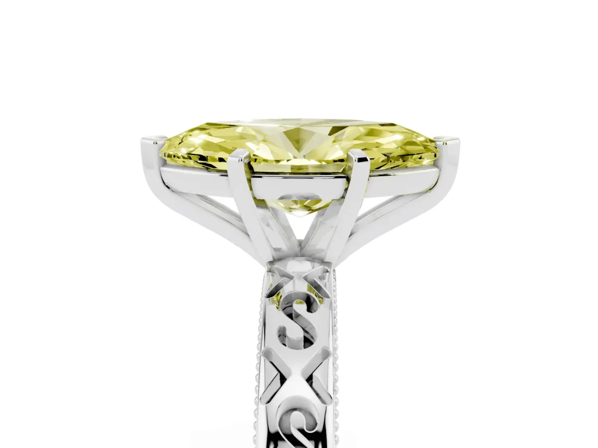 Fancy Yellow Marquise Cut Solitaire Engagement Ring with Scrollwork Band and Four-Prong Setting Platinum