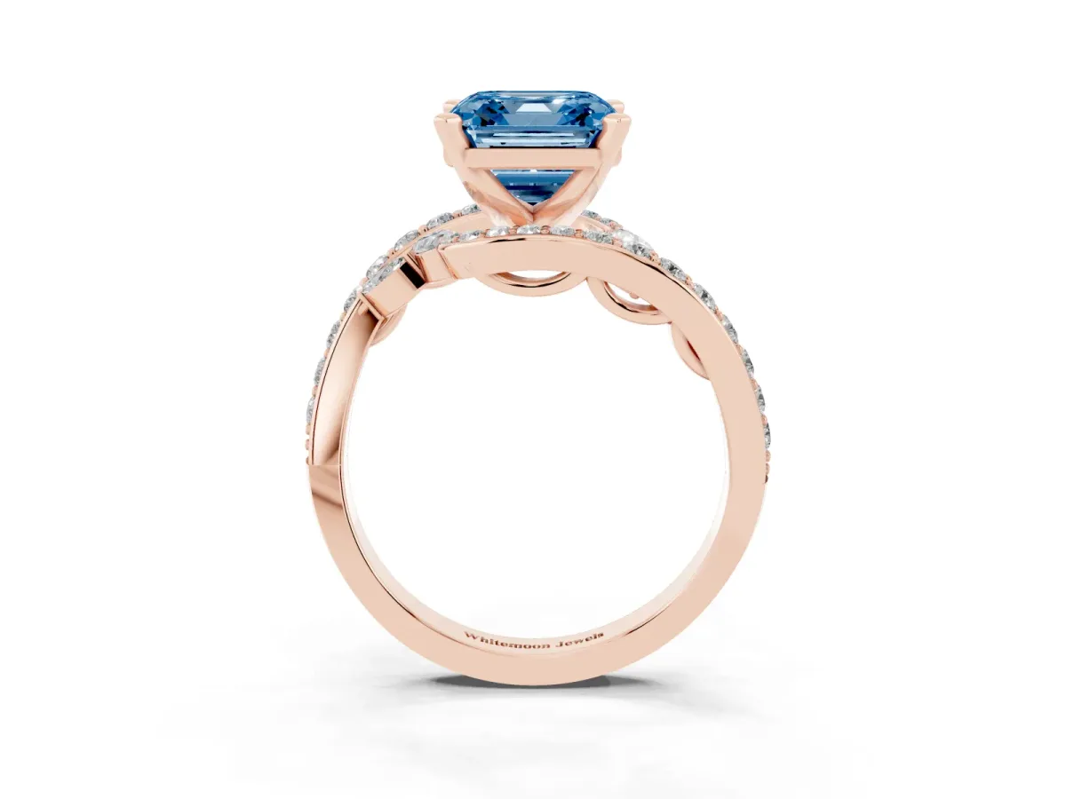 Fancy Blue Asscher Cut Solitaire with Pavé Twist Band and Four-Prong Setting Rose gold