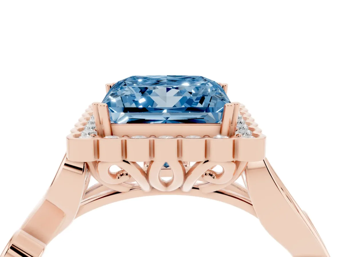 Fancy Blue Princess Cut Diamond Halo Ring with Vintage Split Shank and Four-Prong Setting Rose gold
